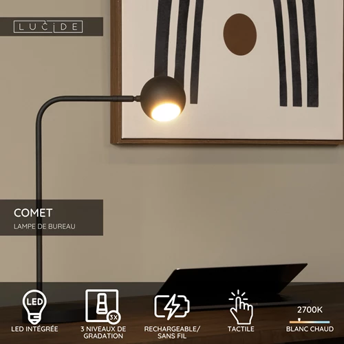 Lucide COMET - Lampe de bureau Rechargeable - Batterie/Piles - LED 3 StepDim - 1x3W 2700K - Noir - USP